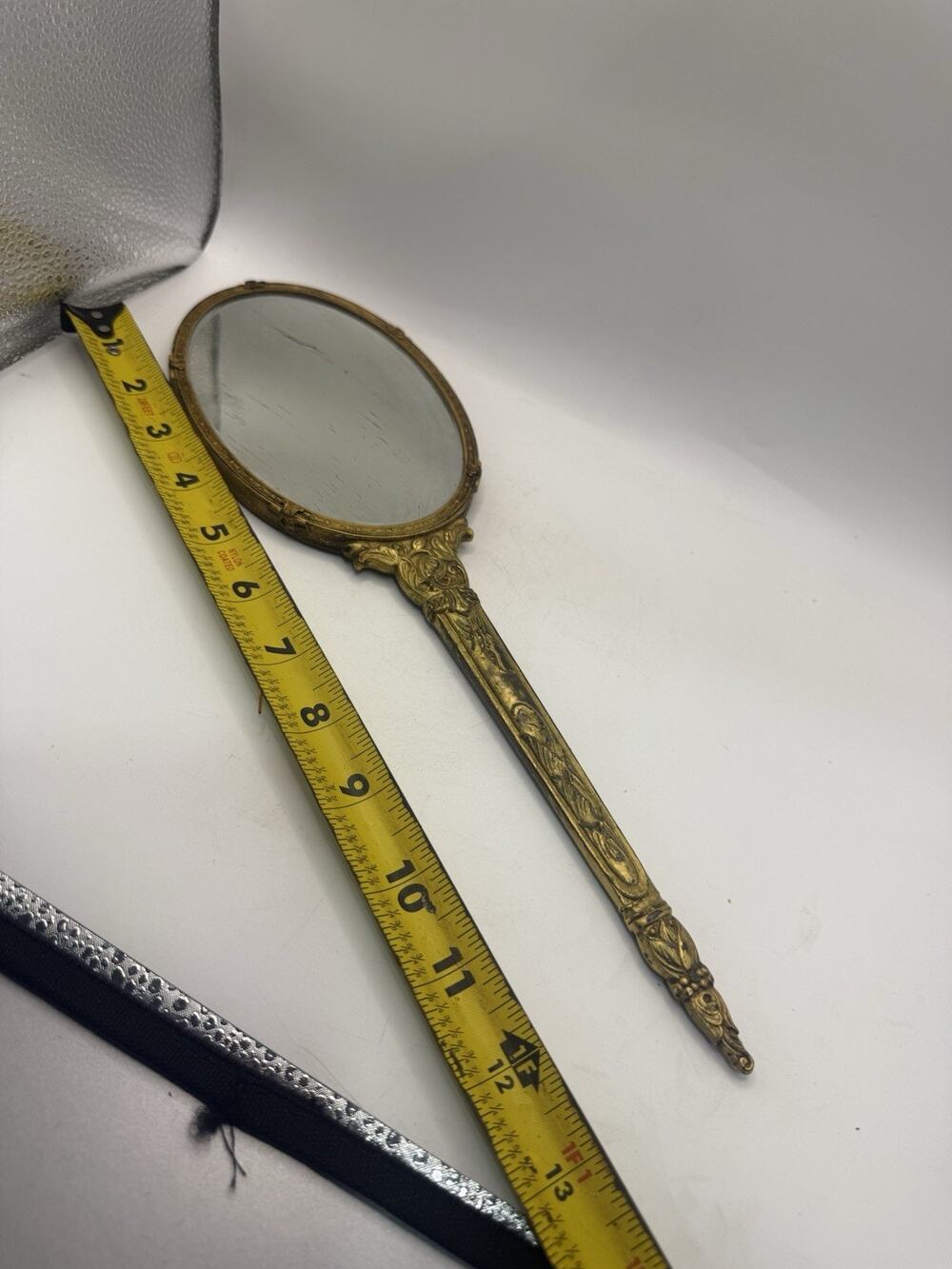 Vintage Ornate Brass Tone Handheld Vanity Mirror Sunburst Back 12” *
